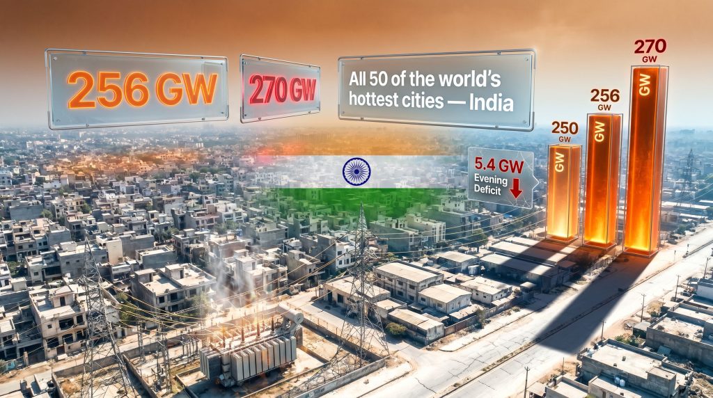 India heatwave power grid crisis infographic over city