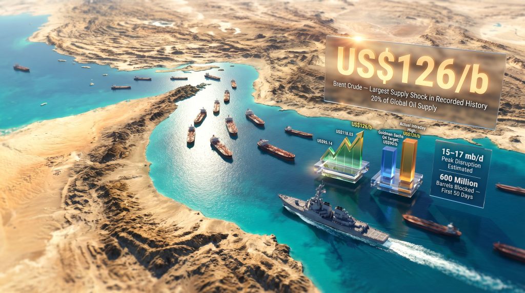 Brent oil price surge on Strait of Hormuz blockade map
