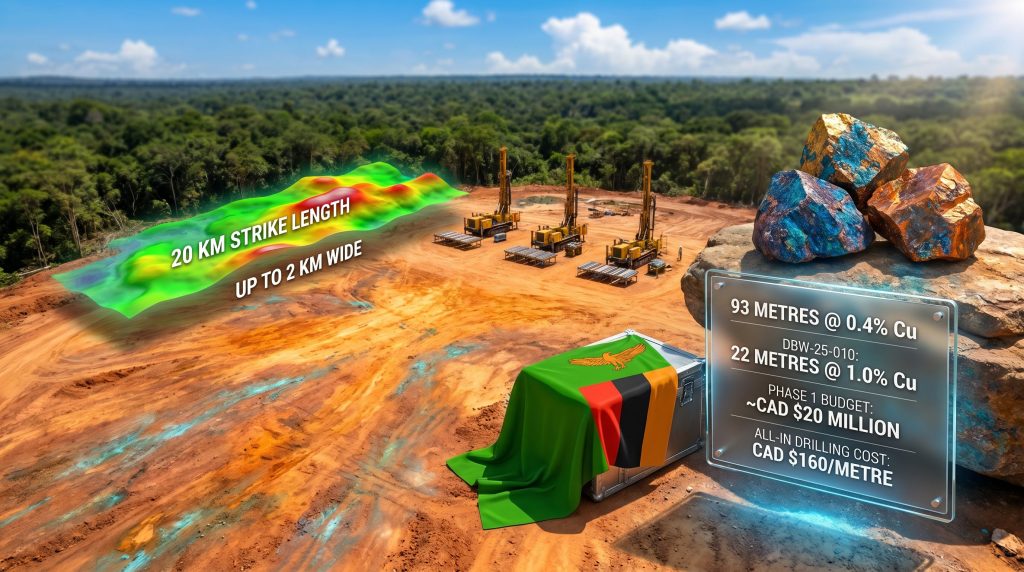 Midnight Sun Mining Dumba copper discovery in Zambia drill site infographic