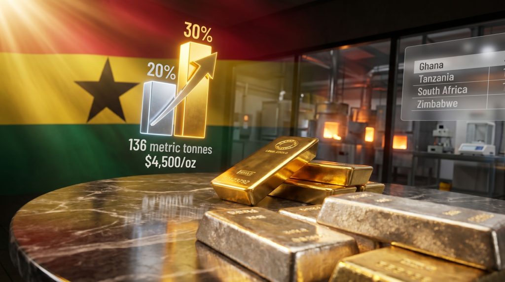 Ghana 30% gold mines output for local refineries infographic