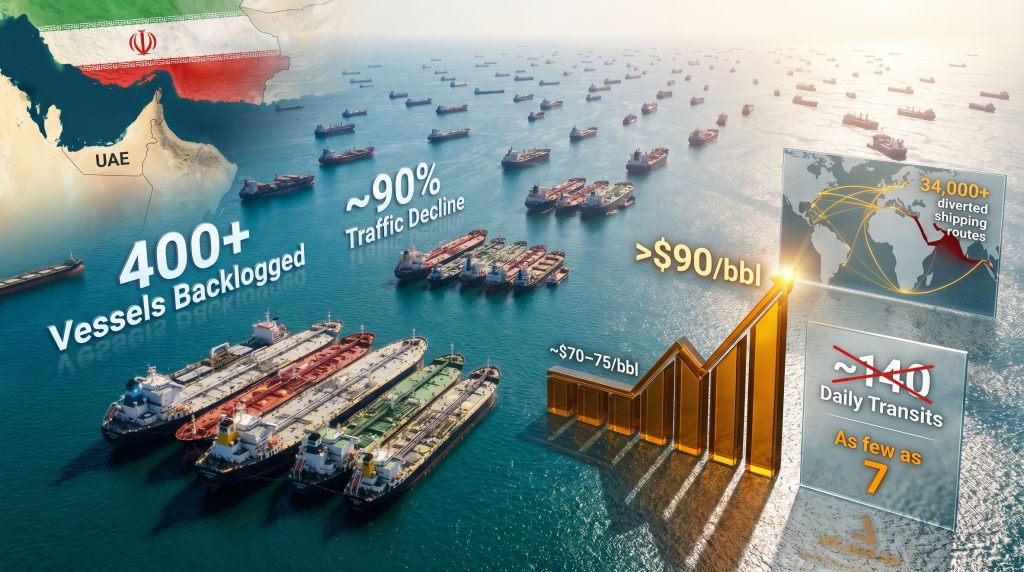 Strait of Hormuz shipping disruption infographic map