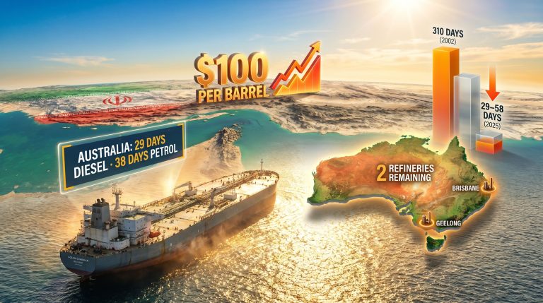 Australia fuel reserves crisis and Strait of Hormuz blockage infographic