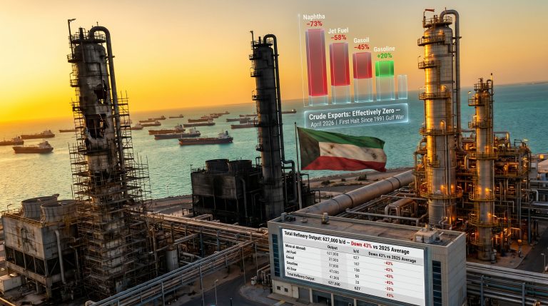 Kuwait oil products output and exports halved by war infographic