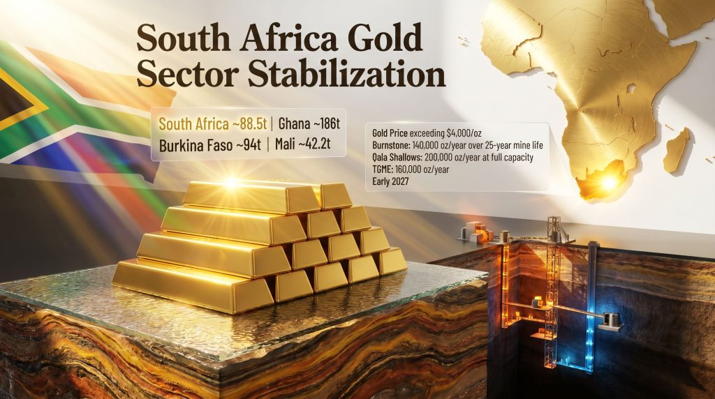 South Africa gold sector stabilization infographic with gold bars