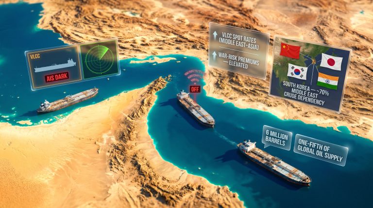 tankers exit Strait of Hormuz with crude oil map