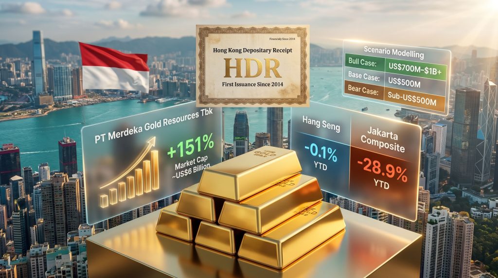 Merdeka Gold Hong Kong depositary receipts infographic with gold bars