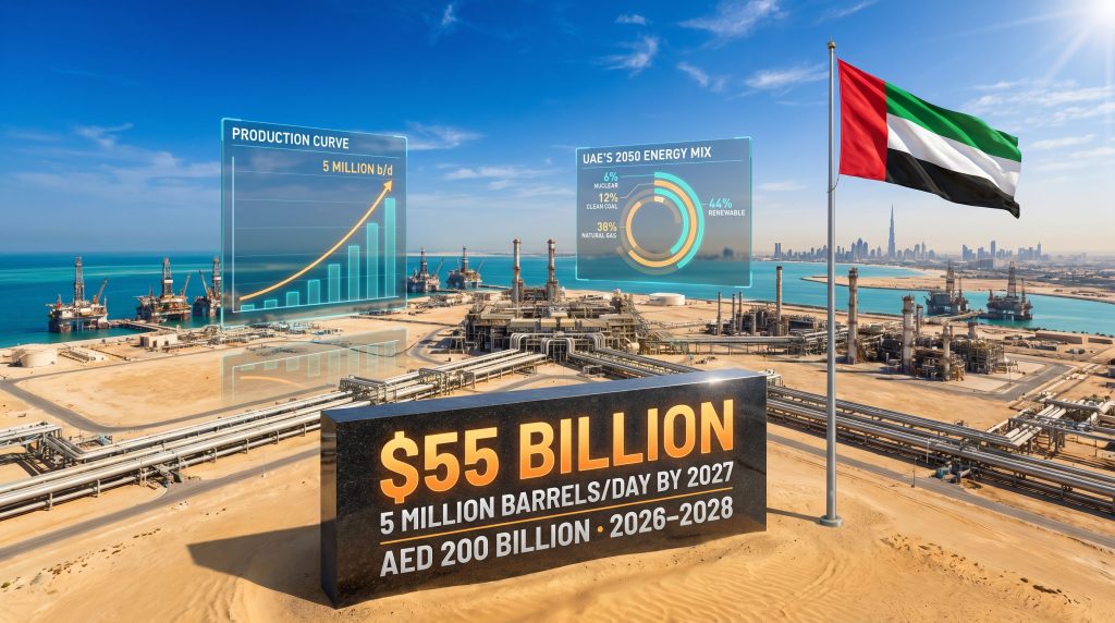 ADNOC $55 billion projects and UAE oil growth strategy infographic
