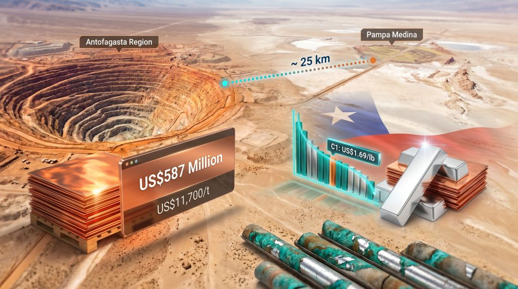 Pampa Medina silver and Marimaca Copper financing strategy infographic