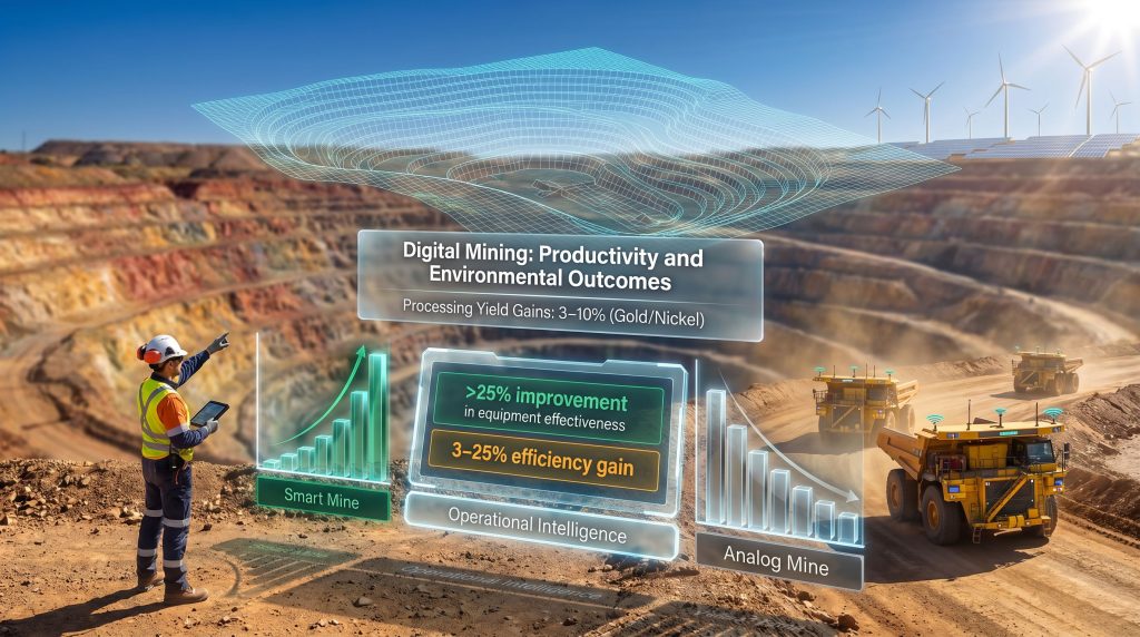 digital mining enhancing productivity and reducing environmental impact infographic