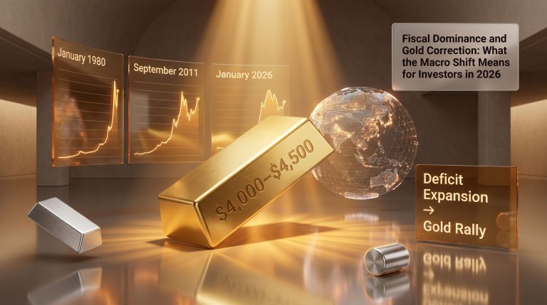 fiscal dominance and gold correction infographic with charts