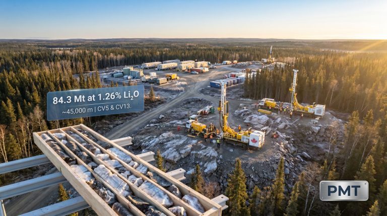PMT Resources Shaakichiuwaanaan lithium drill campaign site aerial view