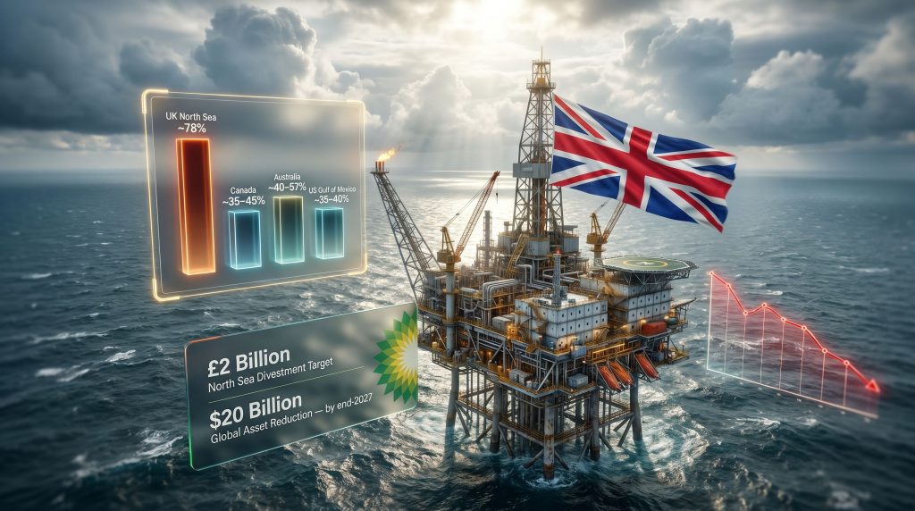 BP North Sea exit oil platform graphic