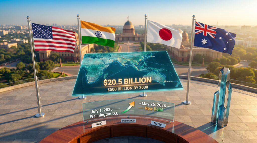 Quad foreign ministers meeting in New Delhi flags display