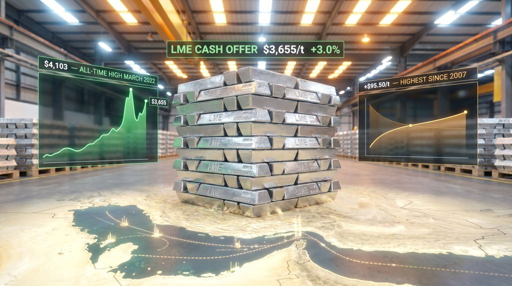 LME aluminium price four-year high chart and ingots