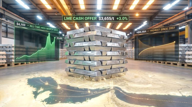 LME aluminium price four-year high chart and ingots