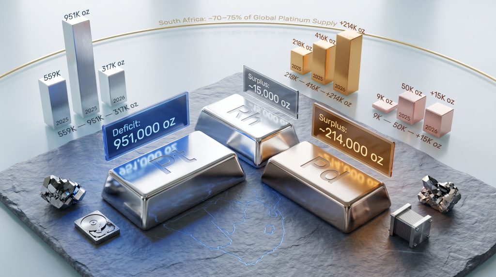 Johnson Matthey PGM market report platinum deficit palladium rhodium surpluses infographic