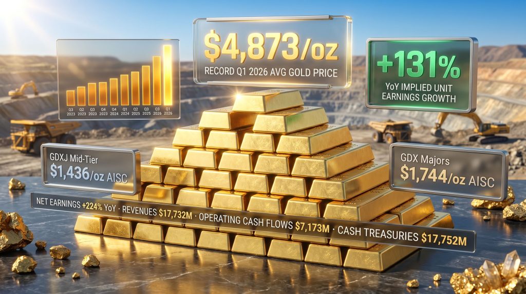 gold mid-tier miners fundamentals infographic with gold bars