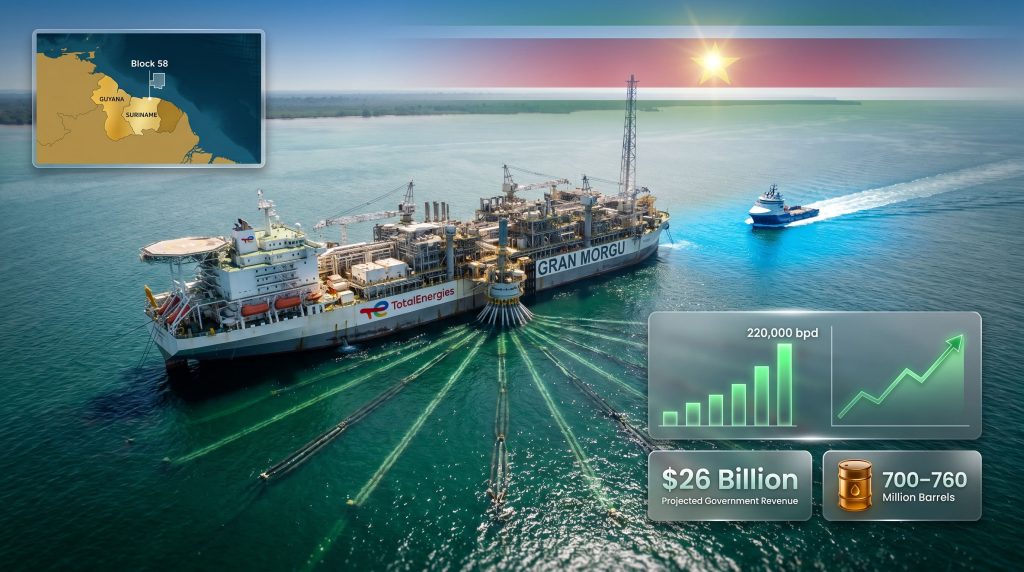 Suriname offshore oil boom production vessel at sea
