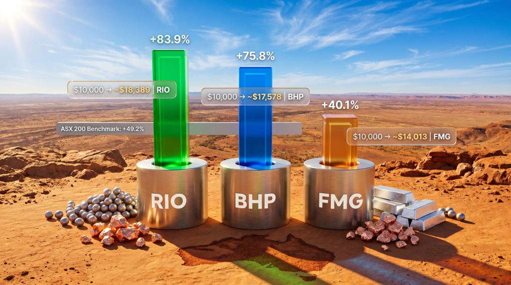 Rio Tinto vs BHP vs Fortescue shares returns chart