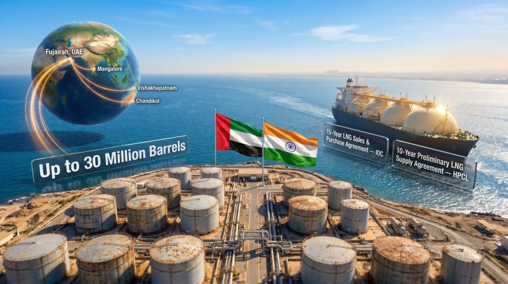 ADNOC India energy storage and LNG agreements infographic
