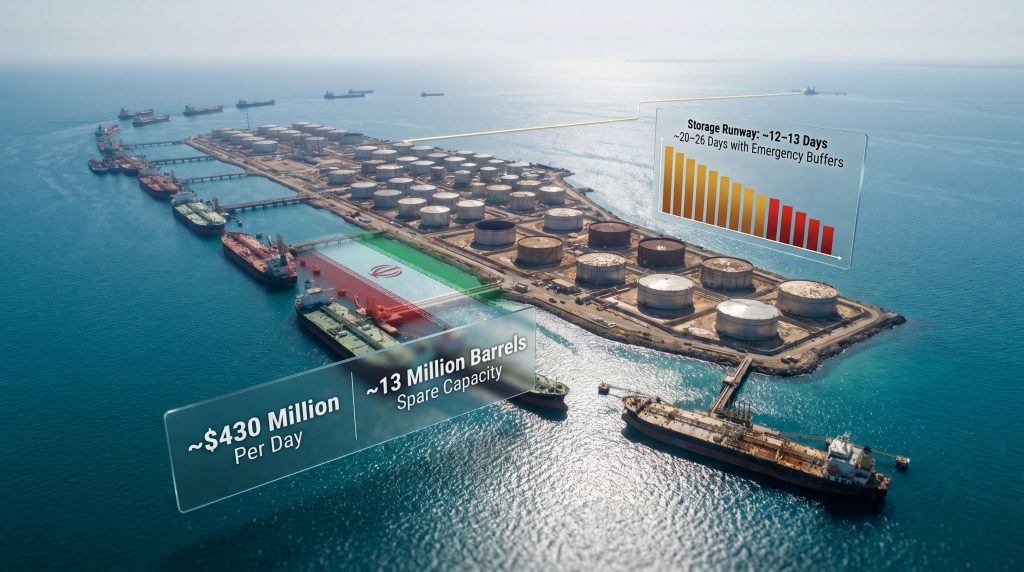 Iran Kharg Island oil storage limit infographic