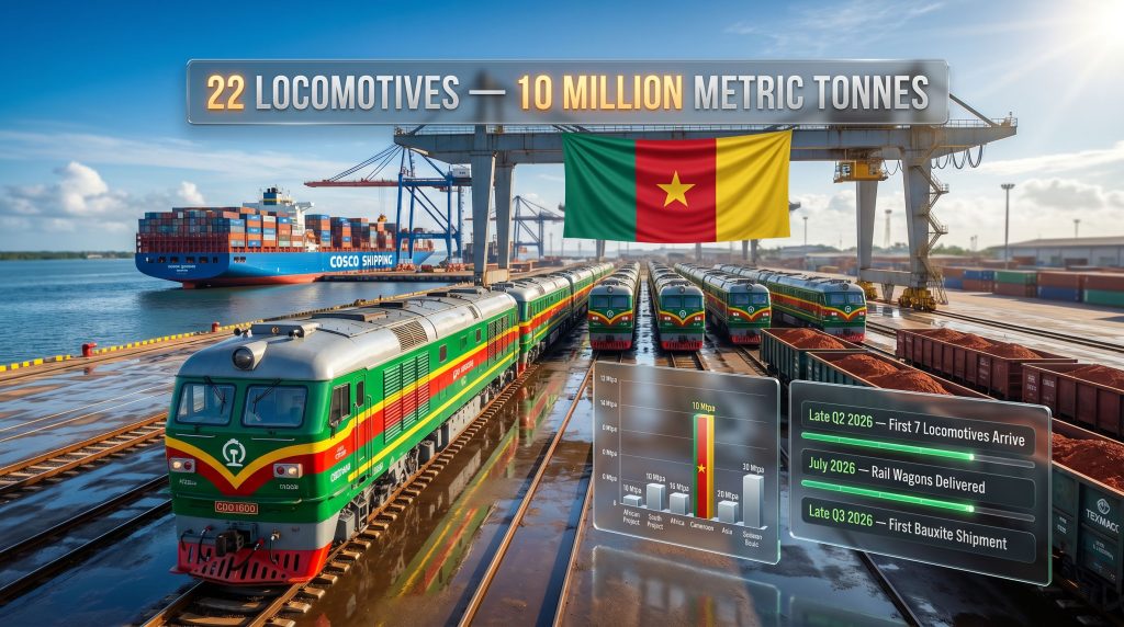 Minim Martap bauxite project locomotive delivery at port