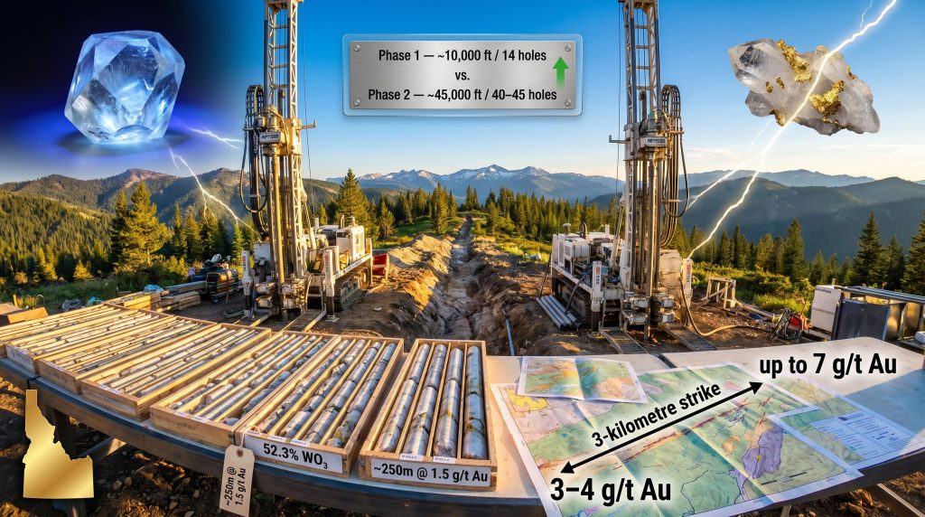 Resolution Minerals Golden Gate drilling Idaho tungsten gold project infographic