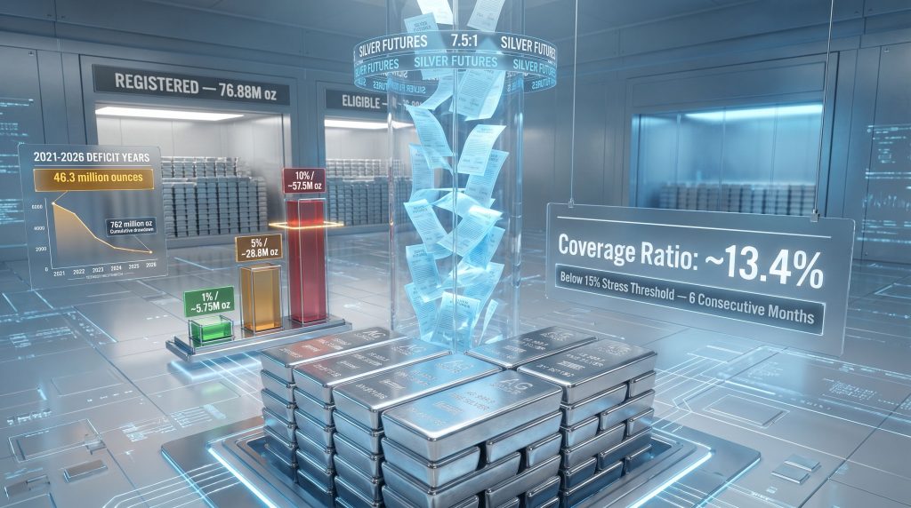 COMEX silver coverage ratio infographic with silver bars