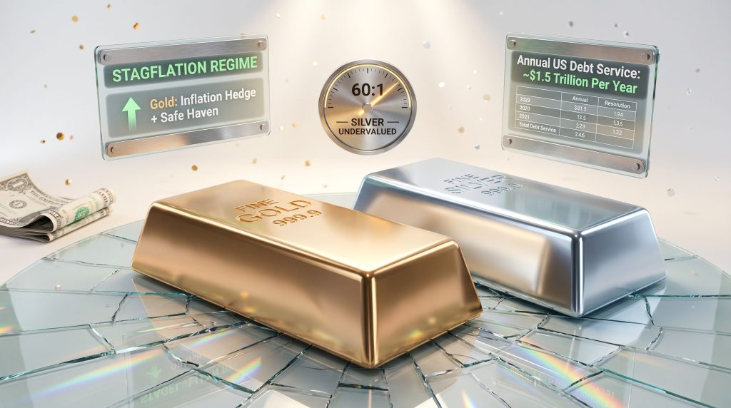 Gold and silver in stagflation and deflation concept