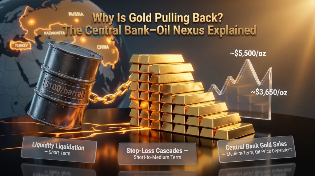 gold price pullback and central bank selling to buy oil graphic