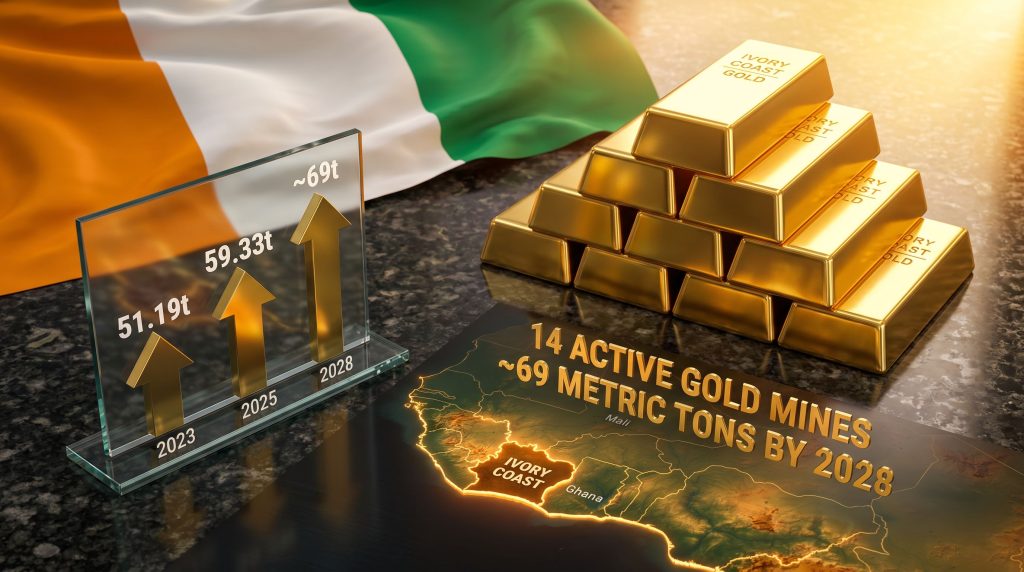Ivory Coast gold production increase infographic with bars and bullion