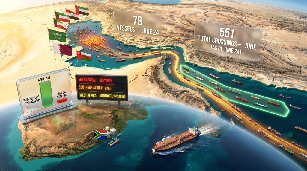Strait of Hormuz shipping recovery and Africa fuel imports map