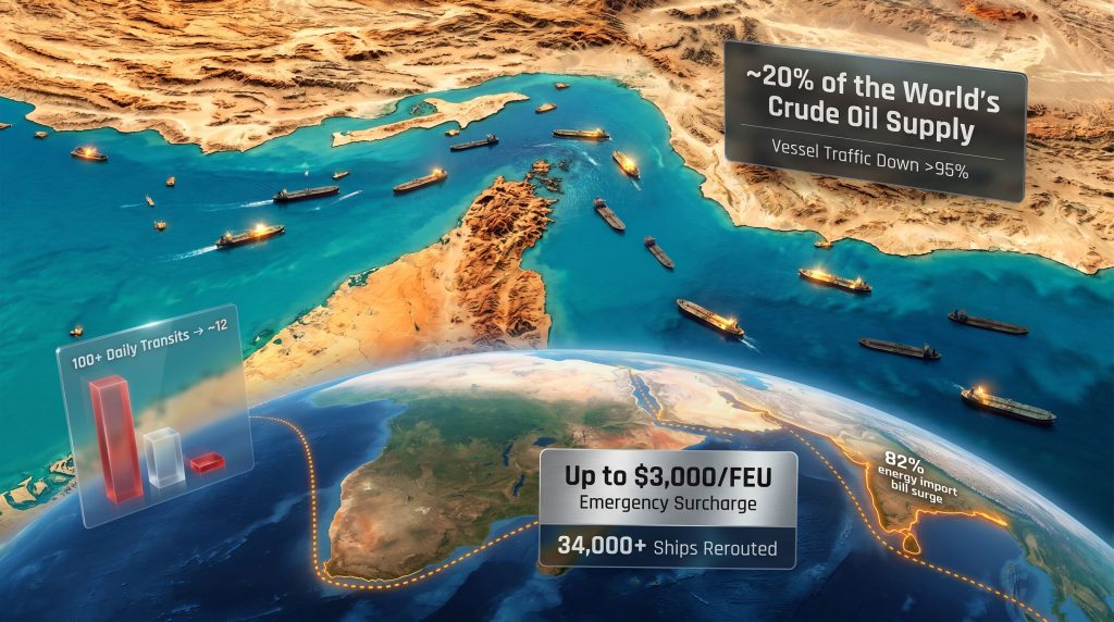 Strait of Hormuz shipping disruption map infographic