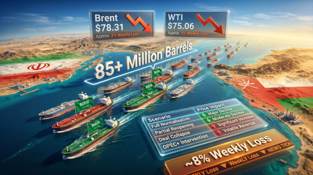 oil falls as supply starts moving through Strait of Hormuz tanker convoy