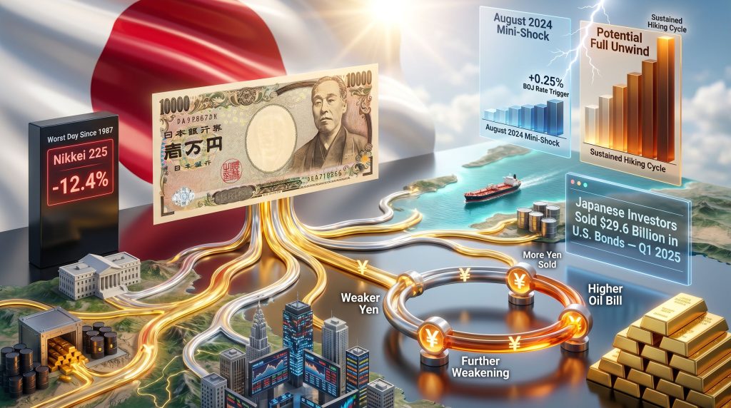 Japan yen carry trade unwind infographic scene