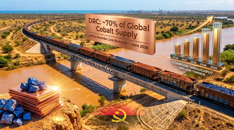 Lobito railway Congo copper shipment after flood repairs train bridge scene