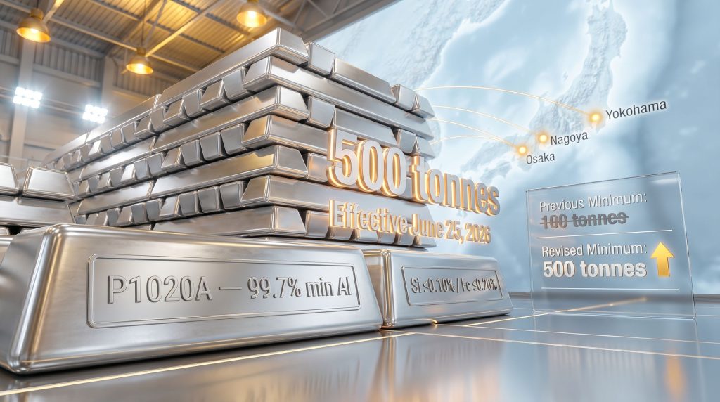 aluminium P1020A spot premium cif Japan minimum tonnage amendment update