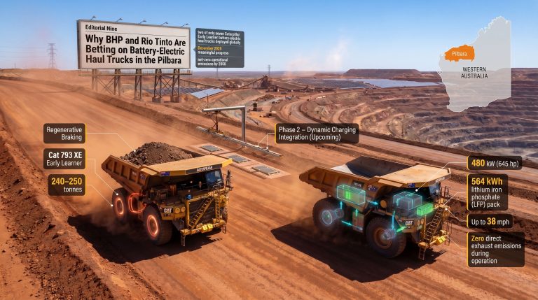 BHP and Rio Tinto electric haul trucks in Pilbara mine infographic