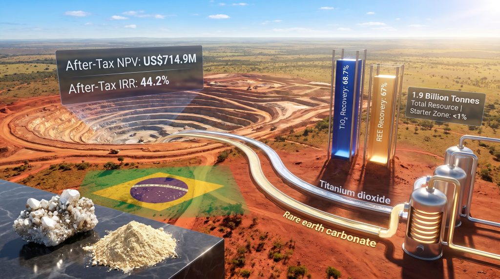 Resouro Tiros rare earths and titanium project PEA infographic