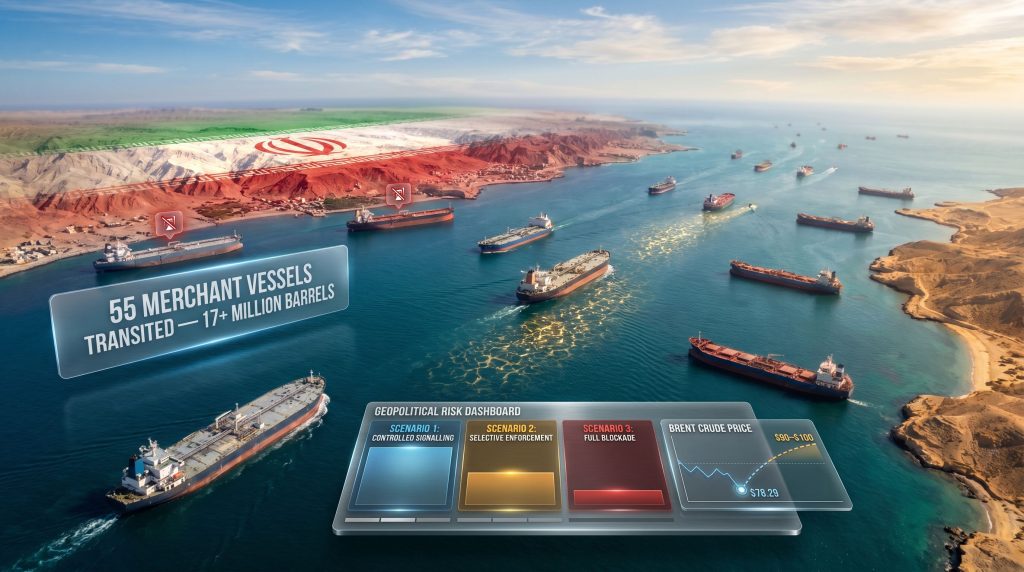 Iran says Hormuz closed US says flows intact shipping lane scene