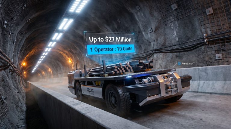 ARLYX autonomous underground mine utility vehicle hauling steel beams