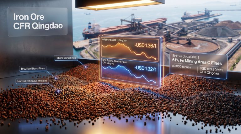 correction to iron ore 61% and 62% Fe fines CFR Qingdao chart