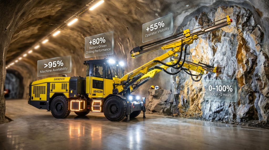 Sandvik DD423iE battery drill in mine tunnel