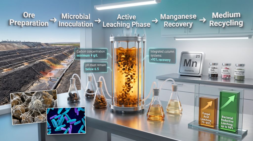 Manganese bioleaching process recovery workflow diagram