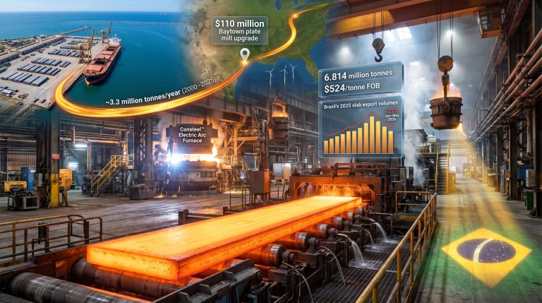 JSW Steel USA slab production and Brazilian slab exports infographic