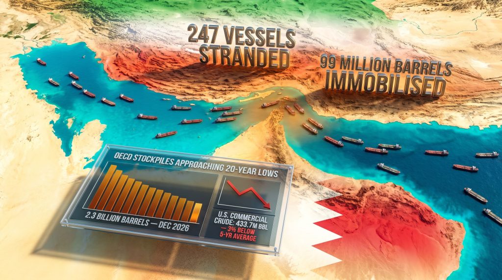 Global oil inventories and Strait of Hormuz recovery map