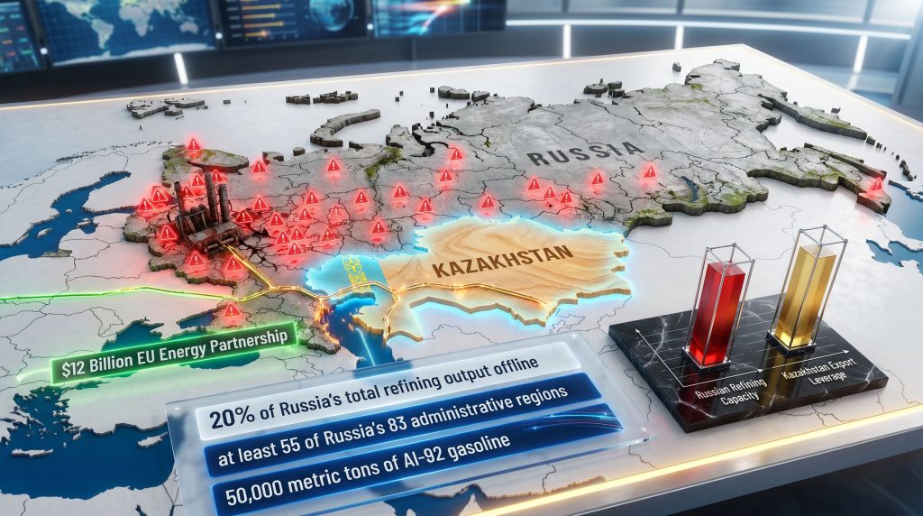 Russia fuel crisis and Kazakhstan gasoline imports map infographic