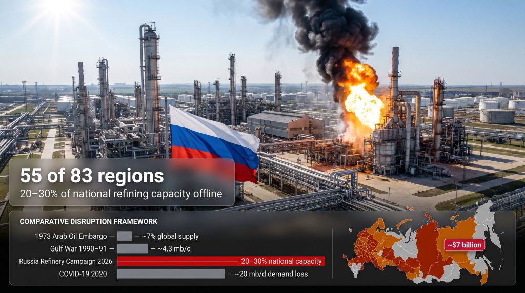 Russia fuel crunch from Ukrainian drone strikes refinery explosion