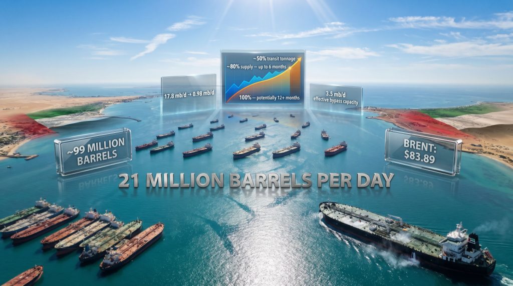 Strait of Hormuz oil supply recovery infographic aerial view