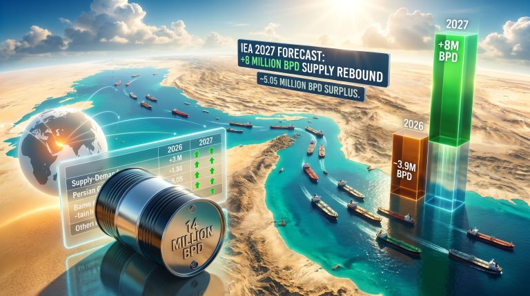 IEA 2027 oil surplus after Strait of Hormuz reopening infographic